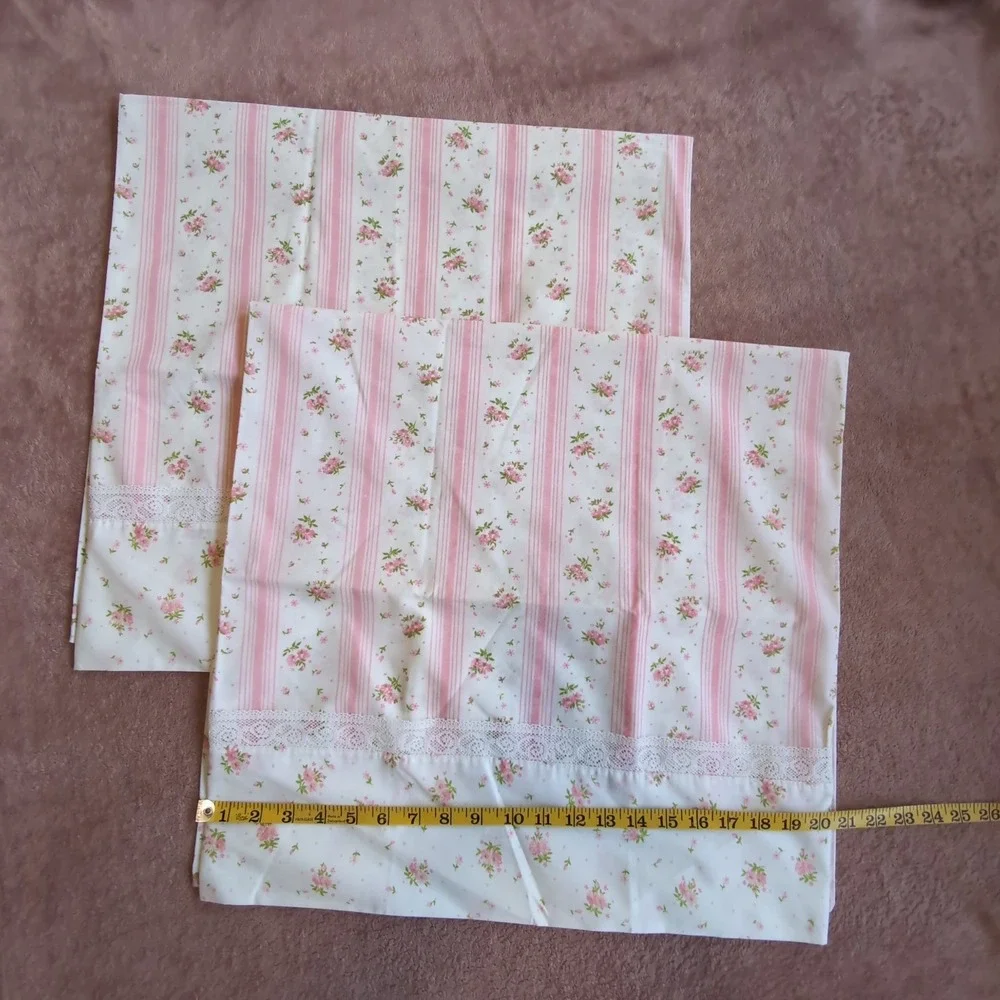 Springmaid Wondercale Pillowcase Set King Pink Floral Striped Lace Trim Vintage